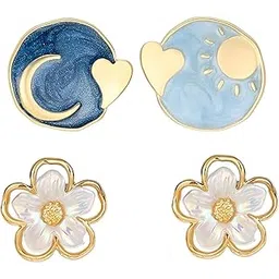 fianoeir 2 Pairs Statement Earrings for Women, Stylish Earrings Set for Women, Korean Earrings for Girls, Floral and Sun Moon Design, Fashion Jewelry for Dailys Wear and Gift Giving-picture-25