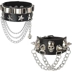 fianoeir 2pcs Gothic Jewellery PU Leather Bracelet Punk Bracelet Adjustable Goth Cuff Bracelet Gothic Rivet Buckle Wristband for Men Women-skull chain-picture-17
