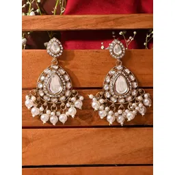 Fida Gold-Plated Kundan & Pearls Studded Beaded Drop Earrings-picture-16