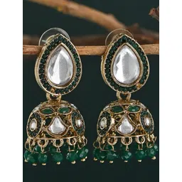 Fida Gold-Plated Kundan Stones Studded & Beaded Dome Shaped Jhumkas-picture-13