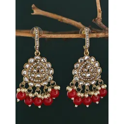 Fida Gold-Plated Kundan Studded & Pearls Beaded Teardrop Shaped Drop Earrings-picture-28