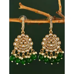 Fida Gold-Plated Kundan Studded & Pearls Beaded Teardrop Shaped Drop Earrings-picture-29