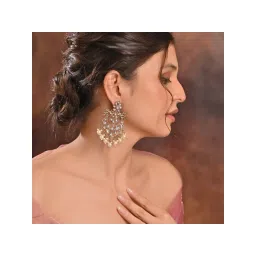 Fida Gold Plated White Kundan Pearl Floral Chand Bali Earrings For Women-picture-36