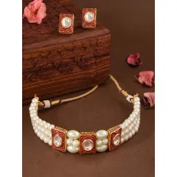 Fida Maroon Gold-Plated Geometric Shape Pearl Kundan Ethnic Wear Alloy Necklace Set for Women-picture-17