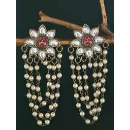 Fida Multicolor Kundan & Pearl Tasselled Floral Dangler Earrings-picture-36