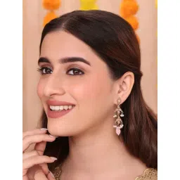 Fida Pink Intricate Rose Quartz & Pearl Tiered Drop Earrings-picture-32