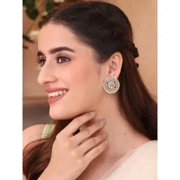 Fida White Intricate Circular Kundan Stud Earrings with Pearl Border-picture-24