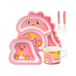 Fiddlerz Bamboo Baby Tableware Dinning Set Dinosaur Design Pack of 5 - Pink-image-11