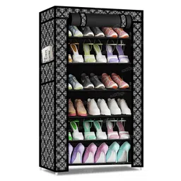 Fiddlerz Multipurpose 6 Shelves Shoe Rack Cabinet with Zip Door Cover Side Pockets Collapsible Shoes Shelf  - Black-picture-10