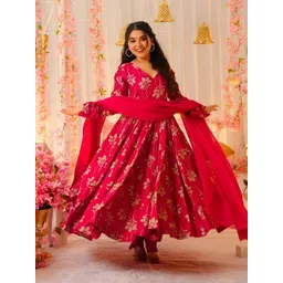 FIDHARA Women Floral Printed Tiered Pure Silk Anarkali Kurta with Pyjamas & Dupatta-picture-17