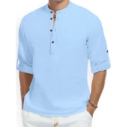 Fifth U Band Collar Roll-Up Sleeves Wrinkle Free Straight Short Kurta-picture-41