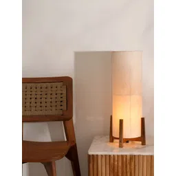 FIG Off White Textured Wooden Cylindrical Shaped Four Finger Table Lamp with Bulb-picture-26