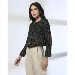 fig Women Checked Relaxed Fit Round-Neck Coat image 2