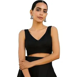 figure up V-Neck Sleevless Black Silk Saree Blouse for Women | Stylish Back Design Readymade Padded-picture-50
