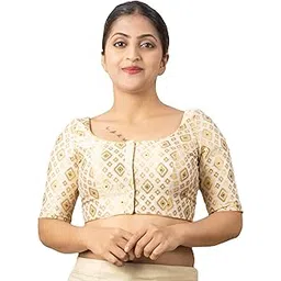 figure's designer Women's Printed Brocade Elbow Half Sleeves Boat Neck Readymade Saree Blouse Butter Crepe Lining Indian Ethnic Designer Stitched Handmade Top Padded White Gold Pink-picture-17