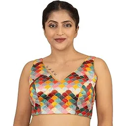 figure's designer Women's Silk Embroidered V Neck Scallop Printed Zari Lace Designer Sleeveless Readymade Saree Blouse Padded Stitched Lining Plus Size Top Pink Yellow Silver Multicolor P2-picture-49