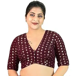 figure's designer Women's V Neck Banarasi Brocade Printed Elbow Sleeves Readymade Saree Blouse Maroon Wine Purple Green Navy Blue Rani Pink | B11-picture-36