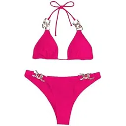fimbul Chic Triangle Halter Bikini Set with Chain Ring Detail - V-Neck & Tie-Back Design - Women’s Elegant Beachwear Swimwear Pink-picture-33