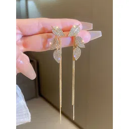 FIMBUL Gold-Plated Artificial Stones Studded Leaf Shaped Drop Earrings-picture-20