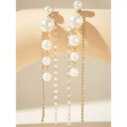 FIMBUL Gold-Plated Rhinestone Studded And Pearls Beaded Tasselled Spherical Drop Earrings-picture-19