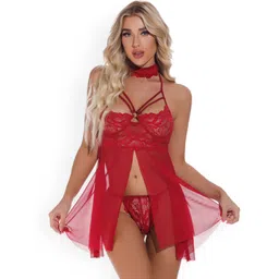 FIMBUL Women Self Design Net Halter Neck Baby Doll-picture-36