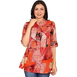 fims - fashion is my style Rayon Abstract Printed Short Kurti for Women, Tunics Tops, Ethnic Wear for Office, Flared, Mandarin Collar V Neck, Roll-Up Sleeves, Summer Wear, Ideal Gift for Girls-picture-17