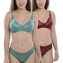 fims - fashion is my style Soft Lycra Stretchable Bra Panty Set for Women, Non-Padded, Non-Wired, Floral Print, Lingerie Set, Pack of 2, Cup- B, Multicolor-picture-21