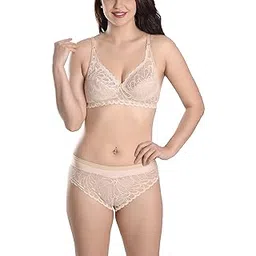 fims - fashion is my style Soft Lycra Stretchable Bra Panty Set for Women, Non-Padded, Non-Wired, Seamed, Floral Print, Full Coverage, Lingerie Set, Beige, Cup-B, Pack of 1, Size- 34-picture-37
