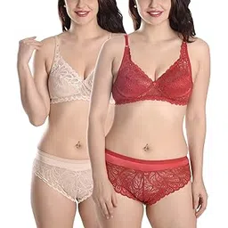 fims - fashion is my style Soft Lycra Stretchable Bra Panty Set for Women, Non-Padded, Non-Wired, Seamed, Floral Print, Full Coverage, Lingerie Set, Beige Red, Cup-B, Pack of 2, Size- 36-picture-22