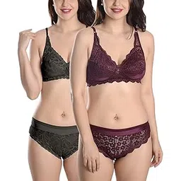 fims - fashion is my style Soft Lycra Stretchable Bra Panty Set for Women, Non-Padded, Non-Wired, Seamed, Floral Print, Full Coverage, Lingerie Set, Black Maroon, Cup-B, Pack of 2, Size- 34-picture-23