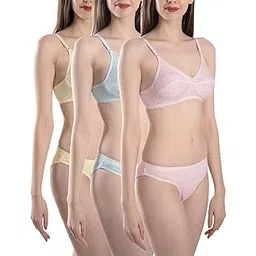 fims - fashion is my style Women's 3 Bras 3 Panties Set (BUNDI_3 Bras 3 Panties SetPANTY_Pink_Yellow_Blue_32_Yellow, Pink, Blue_32)-picture-10