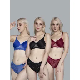 FIMS Black & Blue Lace Work Bra Panty Sets - Pack Of 3-picture-34