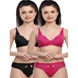 FIMS Black & Fuchsia Lace Work Bra Panty Sets - Pack Of 2-picture-28