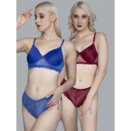 FIMS Blue & Maroon Lace Work Bra Panty Sets - Pack Of 2-picture-24