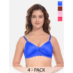 FIMS Blue & Pink Pack of 4 Cotton Solid Lightly Padded Bra image 1