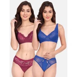 fims FIMS: Fashion is my Style Blue & Maroon Lace Work Lingerie Set - Pack Of 2 image 1