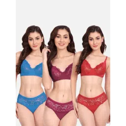 fims FIMS: Fashion is my Style Blue & Maroon Lace Work Lingerie Set - Pack Of 3-picture-20