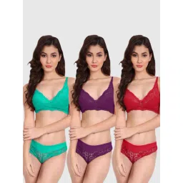 fims FIMS: Fashion is my Style Green & Purple Lace Work Lingerie Set - Pack Of 3-picture-43