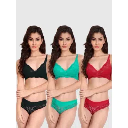 fims FIMS: Fashion is my Style Green & Red Lace Work Lingerie Set - Pack Of 3-picture-13