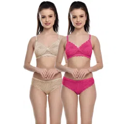 FIMS Pink & Beige Lace Work Bra Panty Sets - Pack Of 2-picture-20