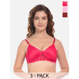 FIMS Pink & Purple Pack of 3 Cotton Solid Lightly Padded Bra-picture-36