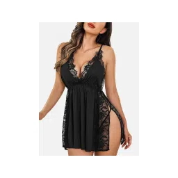 FIMS Women Black Satin Babydoll Lingerie Nightwear Dress with Thong (Set of 2)-picture-29