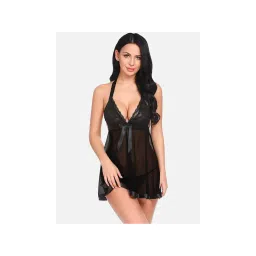 FIMS Women Black Satin Net Babydoll Lingerie Nightwear with Thong (Set of 2)-picture-33