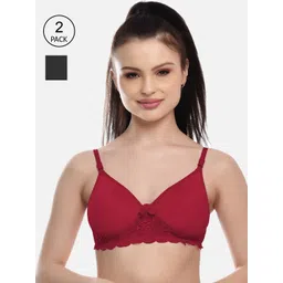 FIMS Women Pack of 2 Maroon & Black Cotton Lace Padded Bra-picture-37