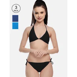 FIMS Women Pack Of 3 Black, Blue & Navy Blue Solid Satin Bikini Lingerie Set-picture-29