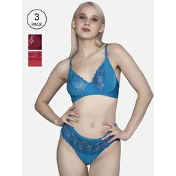 FIMS Women Pack Of 3 Red & Blue Cotton Lycra Floral Lingerie Set-picture-31