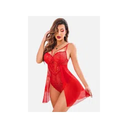 FIMS Women Red Net Floral Lace Babydoll Lingerie Nightwear Dress-picture-10