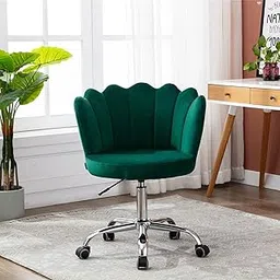 Finch Fox MS Chrome Metal Base & Velvet Fabric Upholstered Shell Ergonomic Mid-Back Modern Leisure Crown Chair with Wheels & Adjustable Swivel [Dark Green]-image-17
