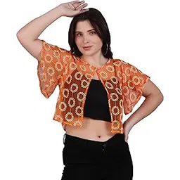 fineme Women Ethereal Self Design Cotton Lace Round Neck Flared Sleeve Shrug | Front Open, Button Closure-picture-42