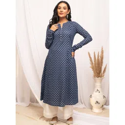 FIORRA Ethnic Motifs Printed Notched Neck Pure Cotton A-Line Kurta image 1